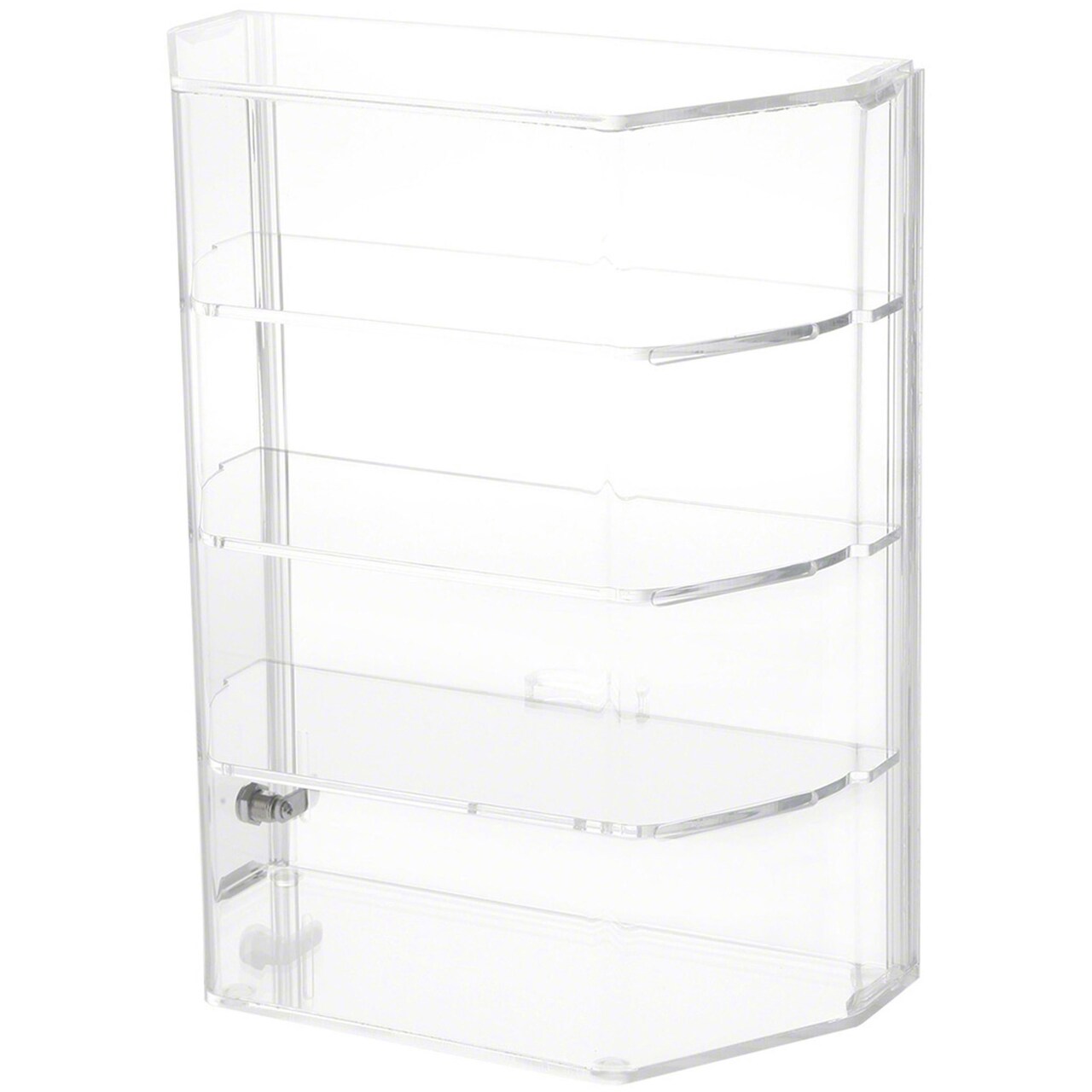 Plymor Clear Acrylic Locking Display Case with Angled Sides and Sliding Back, 3 Shelves
